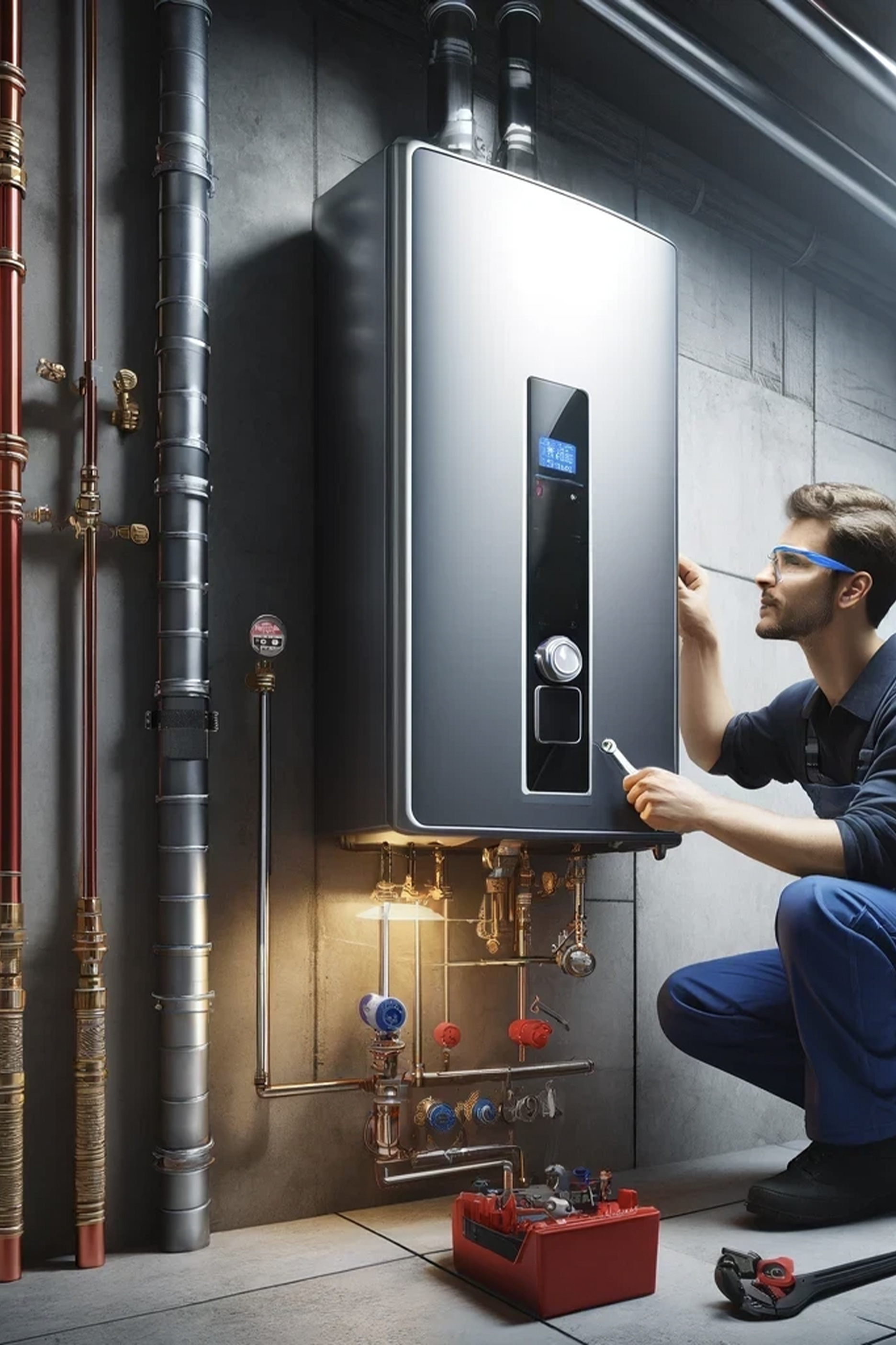 Technicain install water heater